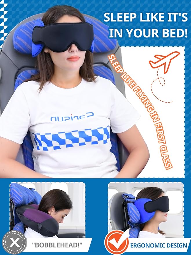 Travel Pillows for Airplanes, 2 Pack Airplane Pillows for Long Flight with Sleep Eye Mask, Plane Head Strap for Road Trip, 360° Support for Sleeping, Stop Bobblehead Travel Essentials, Black