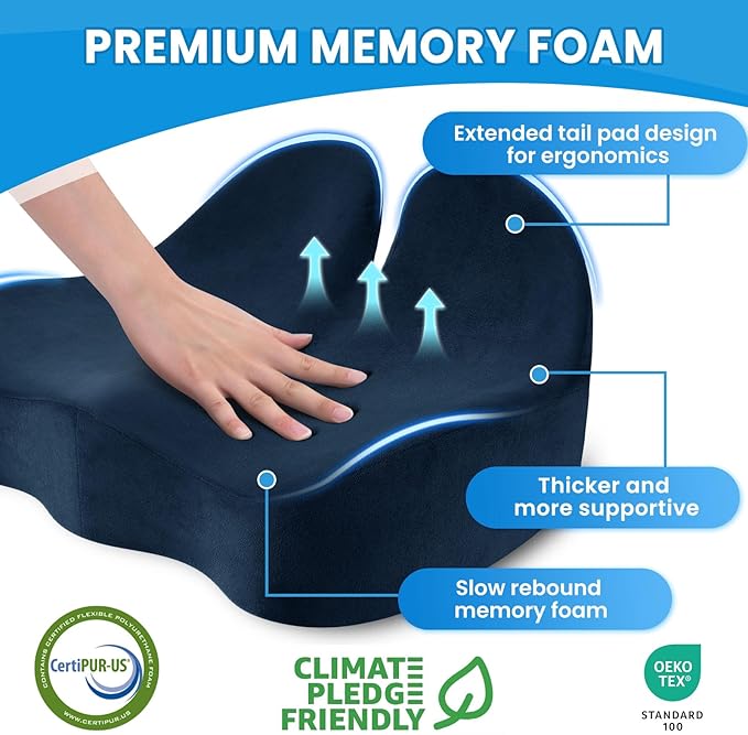 Seat Cushion, Memory Foam Office Chair Seat Cushion for Office Chairs/Car/Long Trip/Desk Chair/Gaming, X-Large Size for Sciatica & Hip & Tailbone Pain Relief, Sciatica Support (Blue)