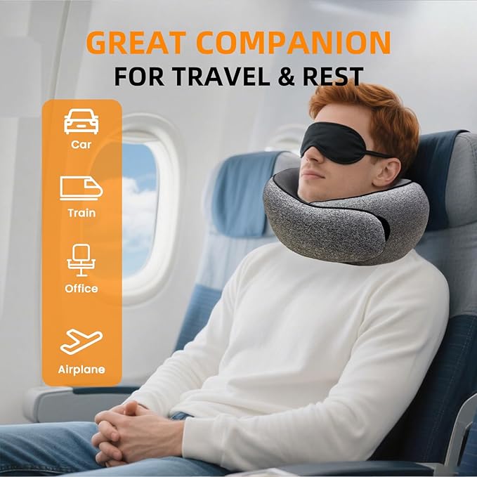 Travel Pillows for Airplanes, 100% Pure Memory Foam Neck Pillow with Skin-Friendly Silk Cover, Ergonomic Support, Washable Cover, Eye Mask, Earplugs, Ideal Neck Pillow for Flight Trips