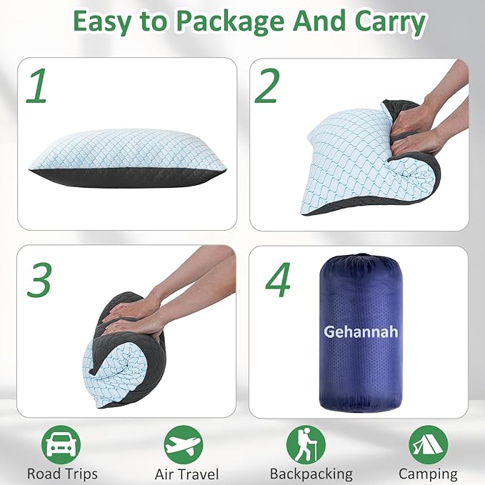 Gehannah Travel Pillow - Large 1 Pack Compressible Camping Pillow for Sleeping - Shredded Memory Foam with 1 Storage Bags - Supportive for Adults, Kids, Outdoor, Backpacking, Hiking Gear