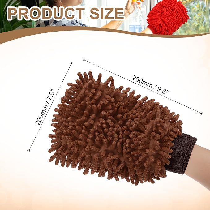 HARFINGTON 2pcs Chenille Microfiber Car Wash Mitts 9.8" x 7.9" Scratch Free Wash Gloves Absorbent Double Sided Plush Cleaning Drying Mitts for Car Washing Home Brown