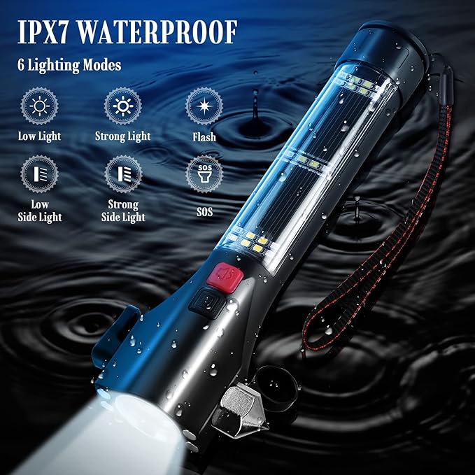 Solar Powered Car Safety Hammer Flashlight with Seatbelt Cutter, LED High Lumens, Red and Blue SOS Flashing, USB Charging, Magnetic Attraction, Portable Design