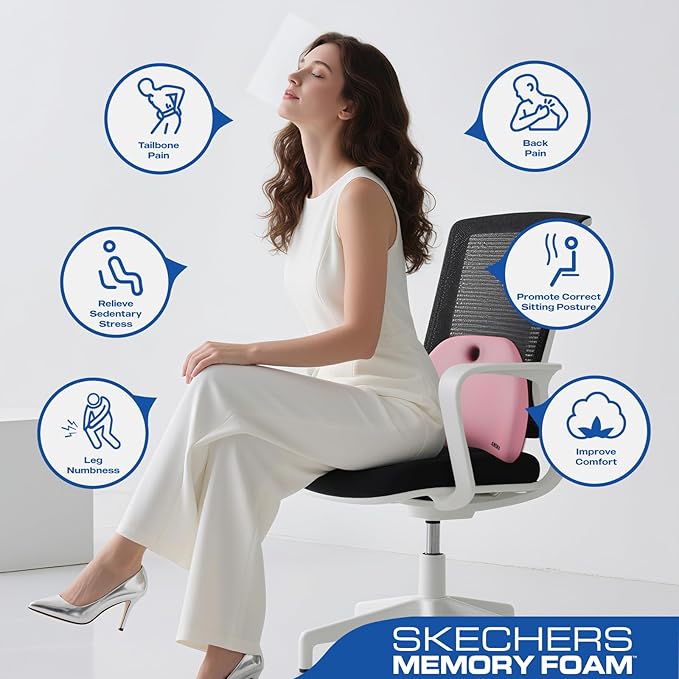 Skechers Lumbar Support Pillow for Office Chair,Memory Foam Lumbar Pillow,Lower Back Pain Relief Lumbar Pillow,Ergonomic Design Back Support Pillow for Office Chair,Car,Home,Travel,Pink