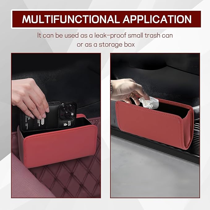 Hovom Car Trash Can, Leather Waterproof Automotive Garbage Can with Trash Bag, Hanging Mini Vehicle Trash Bin, Small Auto Door Organizer Storage Pouch, Universal Car Accessories (Wine Red)