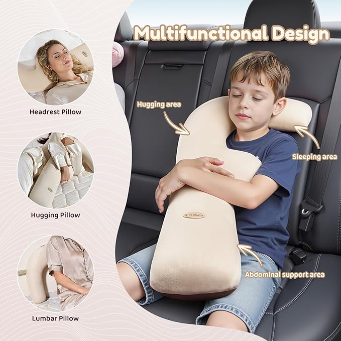 FLORICH Memory Foam Kids Travel Pillow, Car Sleeping Pillow, F-Shape Car Pillows for Adults and Children, Traveling Car Pillow for Kids with Removable Pillowcase (Beige)