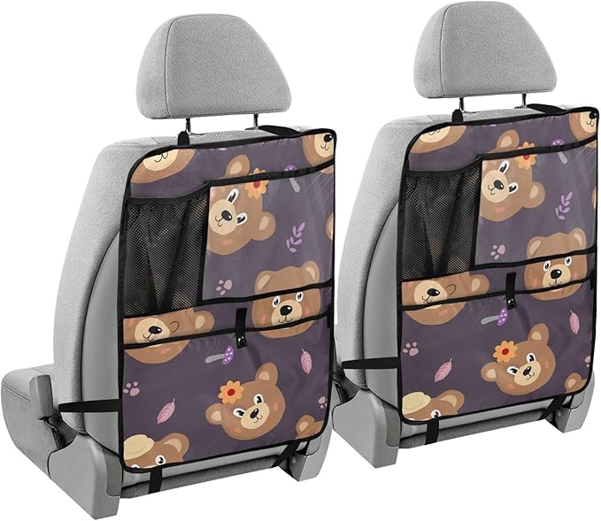 1 Pack Backseat Car Organizer with Storage Pockets Seat Back Organizers for Kids Kick Mats Backseat Protector Automotive Cute Bear Brown
