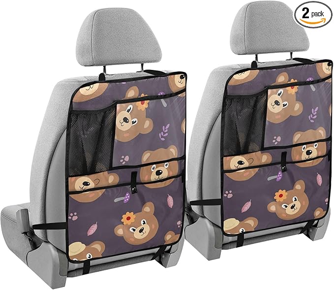 2 Pack Backseat Car Organizer with Storage Pockets Seat Back Organizers for Kids Kick Mats Backseat Protector Automotive Cute Bear Brown