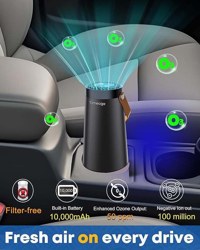 Ozone Generator for Car, 2-in-1 Ozone Machine+ Air Ionizer to Clean Pet Odor, Cigarette Smell, Dust,Pollen for Travel, Home, Portable Size, Filterless, Rechargeable,Odor Deodorizer