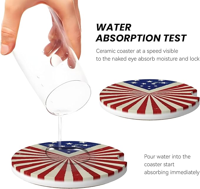 Absorbent Car Coasters for Cup Holders, 2 Pack Universal Anti Slip Ceramic Cup Coaster for Women Men 2.56 Inch Car Interior Accessories - Vintage Stars and Stripes 009
