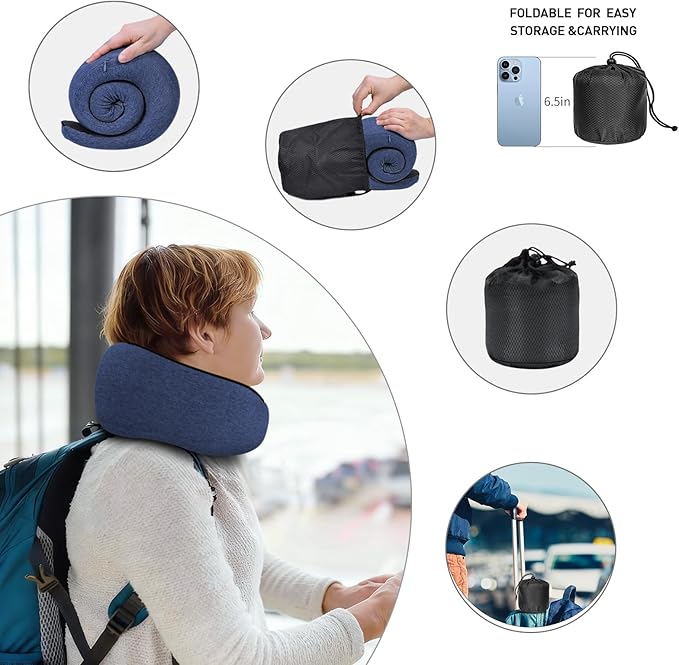 Neck Travel Pillows for Airplanes Memory Foam Neck Comfort Pillow Compact Ergonomic Design Sleeping Essentials for Long Flights Car Rides and Home Use (Blue)