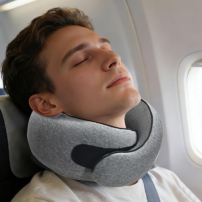 Travel Neck Pillow for Airplanes - 100% Memory Foam, 360° Head Support, Breathable & Removable and Washable, Compact for Travel, Car & Flights - Grey