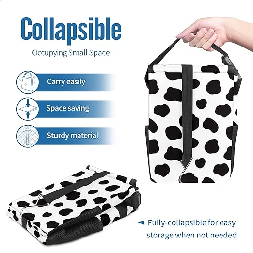 Black and White Cow Print Car Trash Can with Lid Collapsible Reusable Waterproof Car Garage Bag,Automotive Garbage Can,Car Accessories Interior Car Organizer