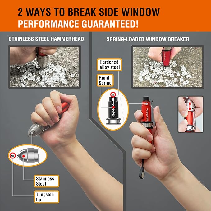 Car Glass Breaking and Seatbelt Cutter Emergency Escape Tool，2-in-1 Safety Hammer and Spring-Loaded Window Breaker Underwater for Life-Saving