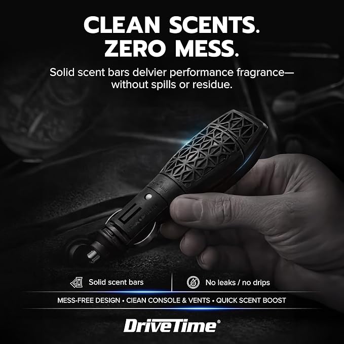 Drive Time Power Fresh 12V Car Air Freshener Bundle – Matte Black Plug-In Diffuser + 6 Long-Lasting Scent Bars (Up to 30 Days Each) – Refillable Automotive Freshener for Clean, Fresh Car Interior