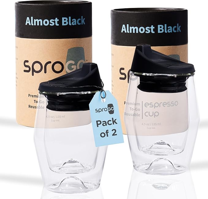 To-Go Espresso Glass Travel Mug with Lid, Reusable Double Wall Glass Tumbler, Fits Most Coffee Makers/Cupholders for Your Car, Gifts for Coffee Lovers, 2-Pack Almost Black Cortado Cups