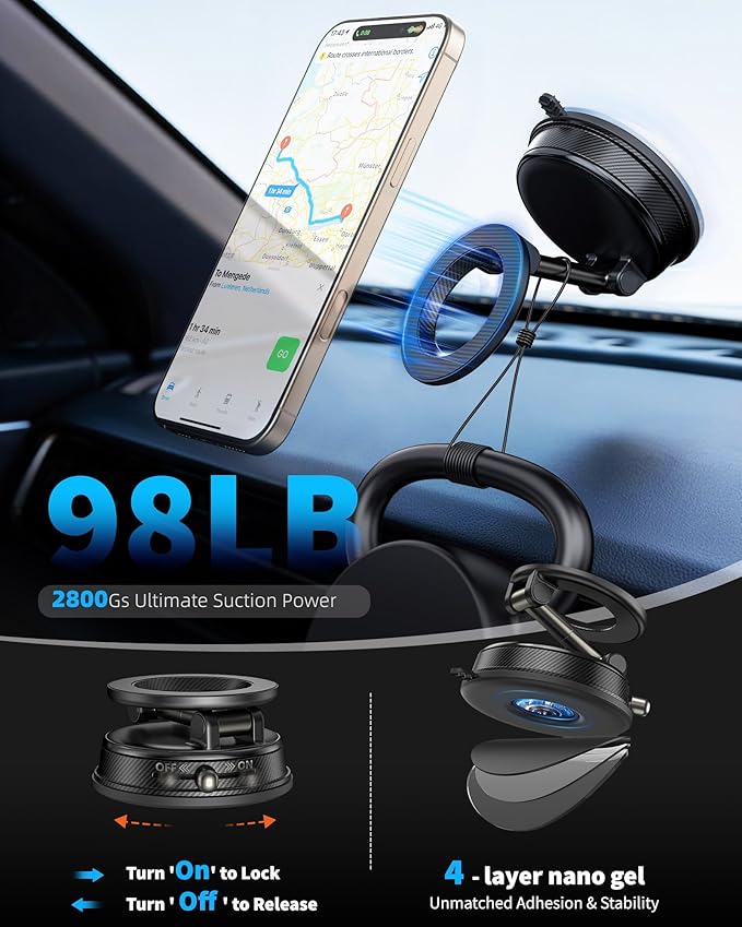 Vacuum Magnetic Suction Car Phone Holder for Magsafe, 360° Adjustable Suction Cup Phone Mount for Car Gym Mirror, Compatible with iPhone & Android
