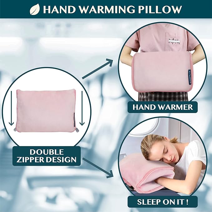 PAVILIA Travel Blanket Pillow, Soft Airplane Blanket 2-in-1 Combo Set, Plane Blanket Compact Packable, Flight Essentials Car Pillow, Travelers Gifts Accessories, Luggage Backpack Strap, 60x43 Pink