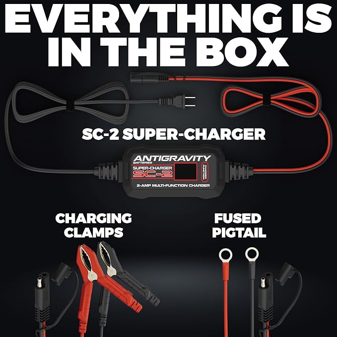 Antigravity Super-Charger – 2-Amp 6V/12V Multi-Function Battery Charger & Maintainer for Lithium (LiFePO4) and Lead/Acid Batteries, LCD Display, Auto Winter Mode, Recondition Feature