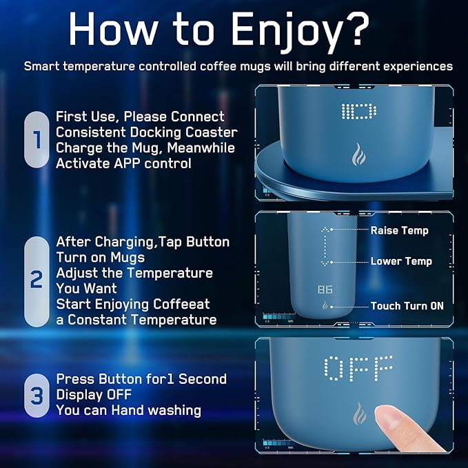 Temperature Control Heated Coffee Mug Smart Self Heating Travel Mug 12 Oz App Controlled Warmer Mug 4-10 Hour LED Display Keep Coffee Hot Fast Wireless Charger Base Lake Blue