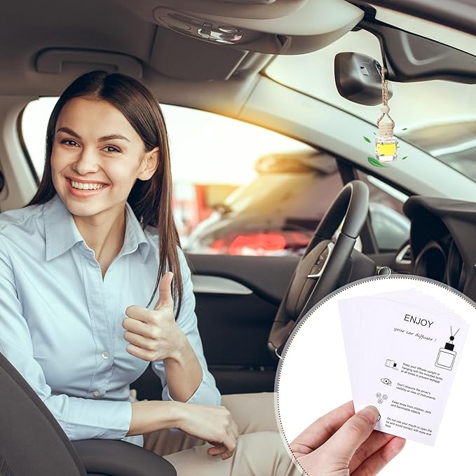 100 Sets Car Diffuser Bottles Empty Bulk Hanging Car Air Freshener Diffuser Bottles Glass Perfume Holder with Instruction Cards for Essential Oil Valentines Birthday Gifts (Cylindrical)