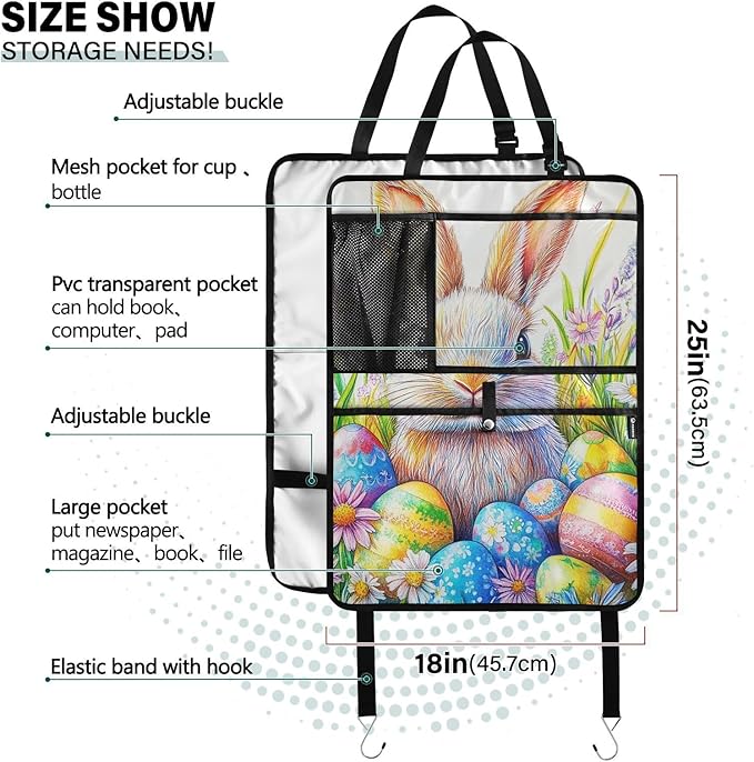 Colorful Bunny Eggs 1 Pack Backseat Car Organizer with Storage Pockets Seat Back Organizers for Kids Kick Mats Backseat Protector Automotive