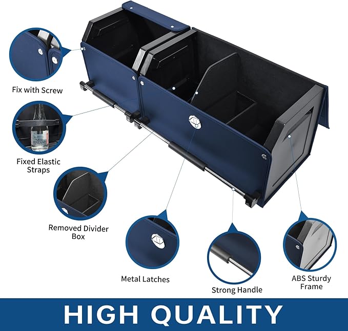 Car Trunk Organizer, Leather Trunk Organizer for SUV with Lid and Sturdy Handle Collapsible Adjustable Storage (Blue, 33 x 11.4 x 12.2in)