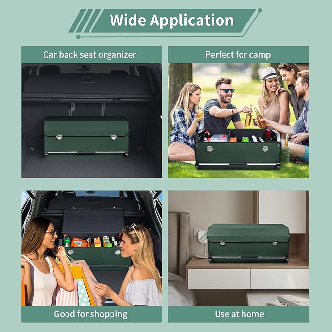 Car Trunk Organizer, Leather Trunk Organizer with Lid and Push-pull Handle Car Trunk Storage Box for SUV, Minivan, Truck, Sedan (Green, 27.1 x 11.4 x 12.2in)