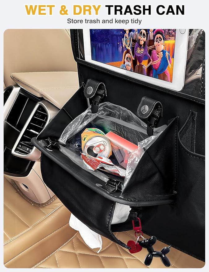 1-Pack Leather Car Backseat Organizer with Tablet Holder–Foldable Food Tray,Storage Pockets,Trash Can,Tissue Holder & Insulated Bag–Kick Mats Protector for Kids,Travel Accessories Organizer