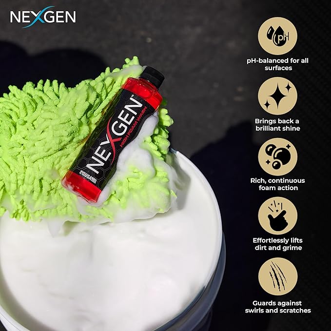 Nexgen High Foam Car Wash (16oz) - Professional-Grade, pH-Balanced car soap for Spotless Shine - On-the-Go Car Detailing - Car Cleaning Supplies - Safe for Coated, Waxed & Sealed Finishes