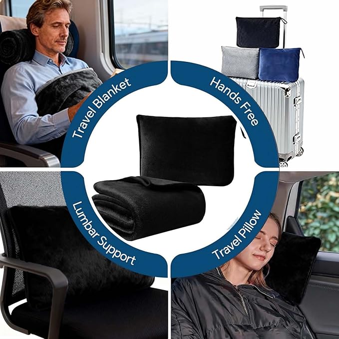 Travel Blanket and Pillow - Premium Soft 2 in 1 Airplane Compact with Soft Bag Pillowcase, Plane Blanket Compact Packable, Travel Essentials Accessories for Plane and Car, 60x80 Black