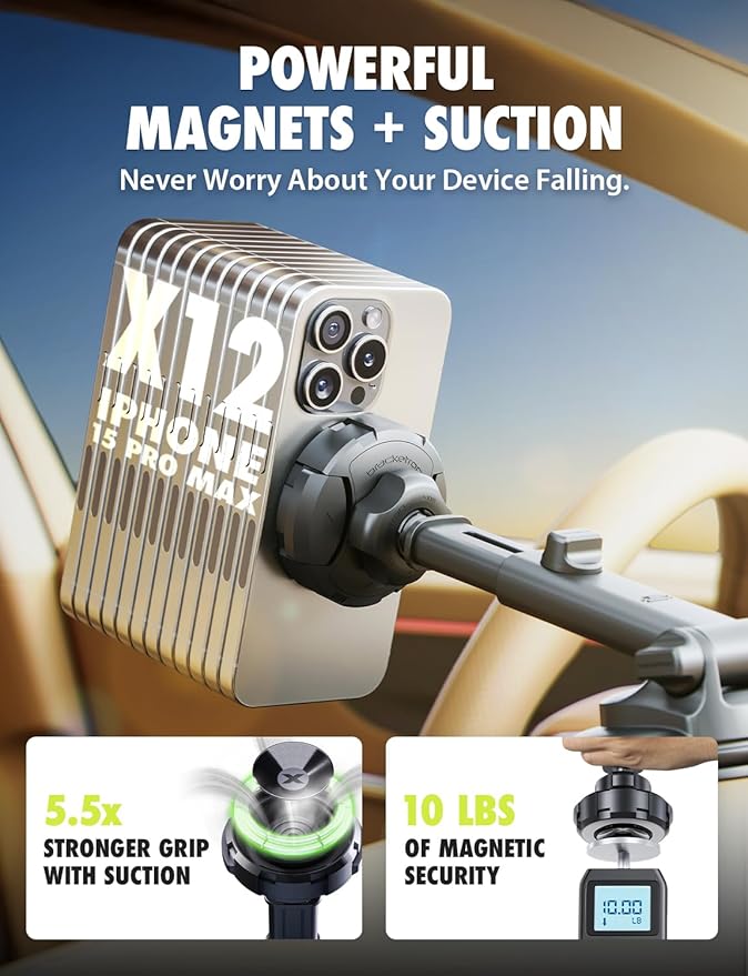 Bracketron MagSafe Car Mount,MagAlign Max Magnetic Phone Holder for Car Windshield & Dashboard,360 Vacuum Suction Magnetic Car Phone Holder for iPhone 17 Pro Max 16 15 14 13 - MagSafe Car Accessories