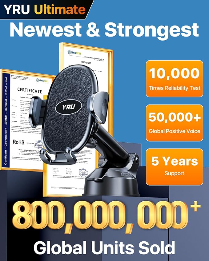 YRU [2025 Upgraded Universal Car Phone Holder Mount【360°Rotatable & Strong Suction】 Cell Phone Car Dashboard Windshield Phone Holder Dash Vent Stand for iPhone 17 16 Pro Max Samsung Truck, Black