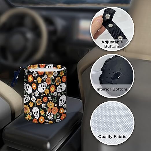 Trash Bag, Car Garbage Can Hanging Back Seat Organizer Trash Can Bin for Vehicle, Travelling, Camping - Gothic Flower Skull