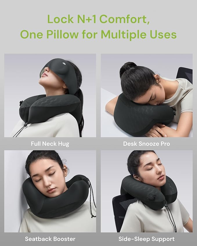 BENEUNDER Travel Neck Pillow for Airplane, Inflatable Compact 360°Head Support Pillow, Comfortable Breathable Cover for Travel, Train,Car with Storage Bag, Black