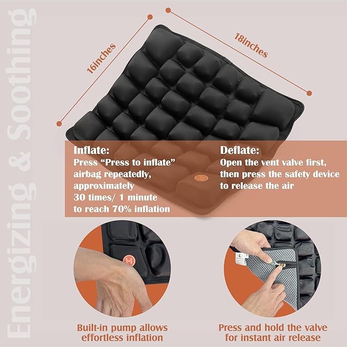 Inflatable Seat Cushion for Airplane & Travel – Portable Inflatable Pad with Built-in Pump, Adjustable Firmness, Tailbone & Back Pain Support, Carry Bag Included