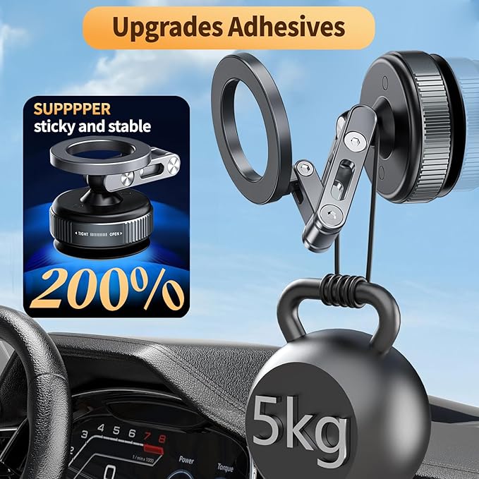 for MagSafe Car Mount – Vacuum Lock Magnetic Phone Holder with Strong Suction Cup, Adjustable Extendable Phone Stand, 360° Rotatable Dashboard & Windshield Mount for iPhone 16 15 14 13 12 Pro Max