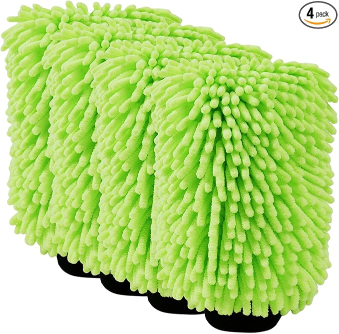 4Pack Large Microfiber Car Wash Mitts, Ultra Absorbent & Lint-Free Wash Mitts for Car Washing, SUVs, Motorcycles & Household Cleaning - Car Wash Accessories Kit, Green