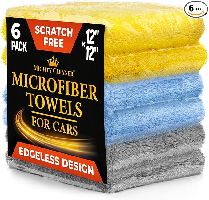 Super Soft Microfiber Towels for Cars - Edgeless - 6pk (12”x12”) - Premium Scratch-Free Towel - Great for Drying, Detailing, Polishing, Buffing - Ultra Absorbent Microfiber Cleaning Cloths for Car