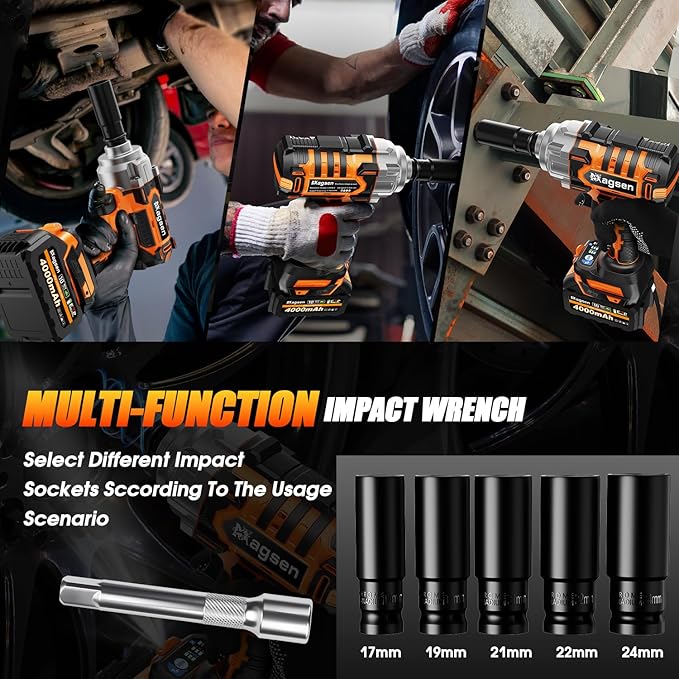 1/2 inch Cordless Impact Wrench, 900Ft-lbs (1200N.m) High Torque Brushless Impact Gun,3800RPM,2x4000mAh Battery, 5 Sockets,LED Light,Electric Impact Motor Variable Speeds for Car/Mower/Pickup