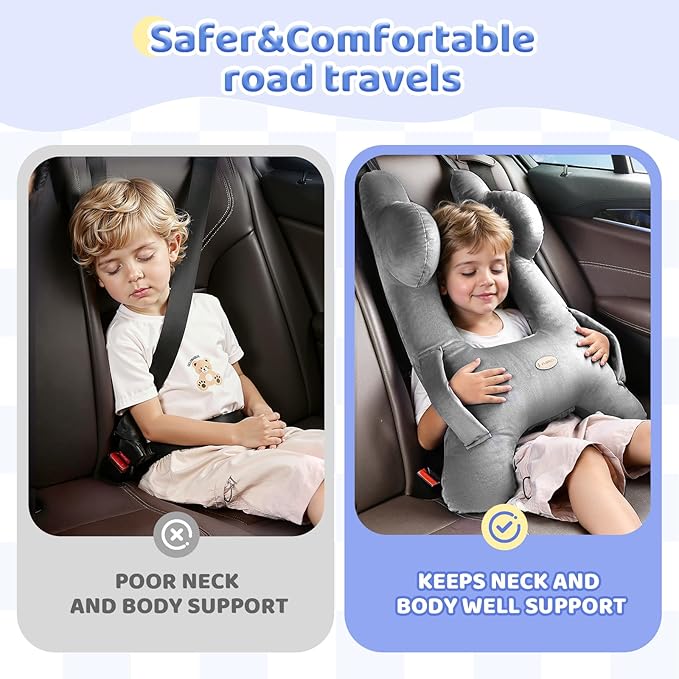 FLORICH Kids Travel Pillow, Car Sleeping Travel Pillow for Kids, Washable H-Shaped Pillow for Adults and Children to Support Head and Body for Road Trips Pillow for Car (Grey)