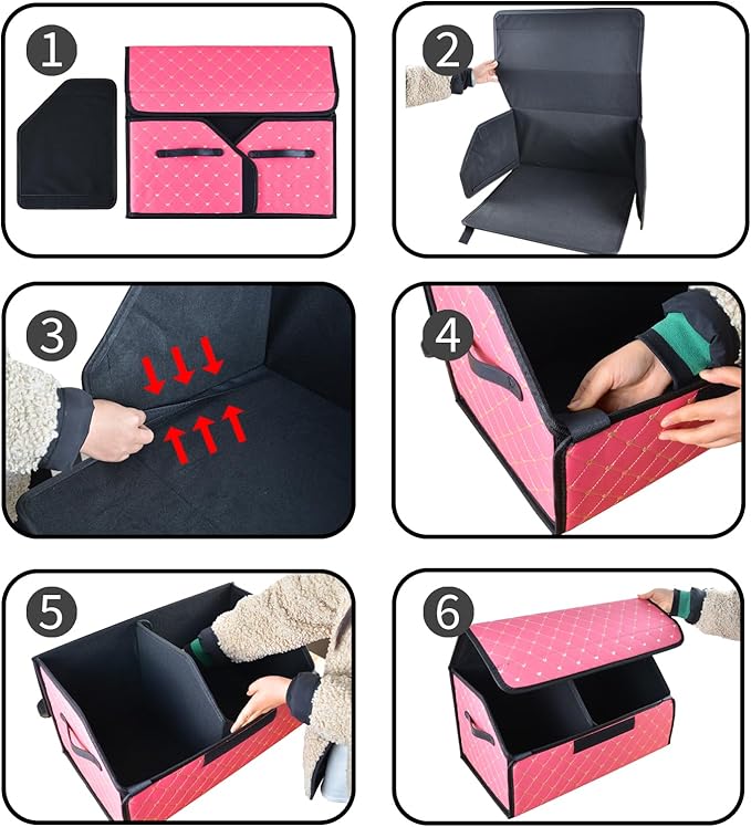 car organizers and storage for SUV,trunk organizer for sedan, leather foldable sleek box with lid,collapsible cargo bins, tool accessories containers,Pink women (12.99 inch)