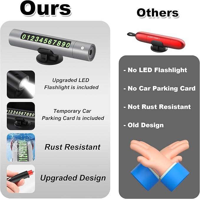 Upgraded 2026 Safe Hammer Glass Breaker Flashlight Car Parking Card, Seatbelt Cutter Window Breaker Emergency Escape Tool Glass Breaker Emergency Seat Belt Cutter (3 Pack (Blue, Red & Gray))