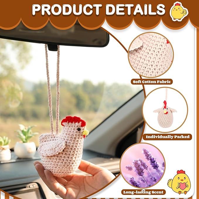 Soulchen 2 Pcs Handmade Crochet Car Air Freshener Cute Chicken Air Freshener Crochet Chicken Car Accessories Rearview Mirror Hanging Accessories for Automotive Interior Home Office Decor, Brown White