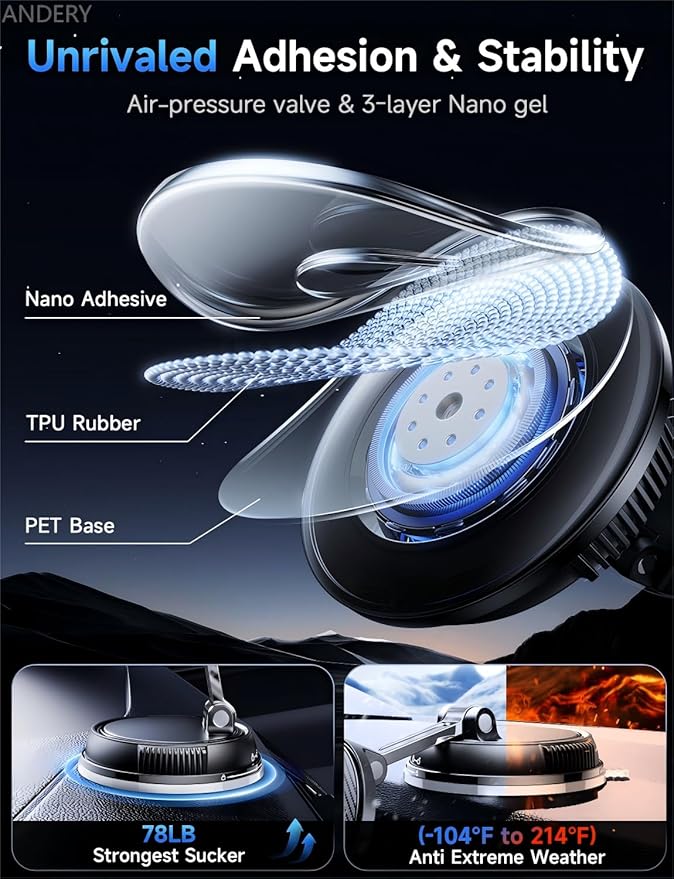 ANDERY Only for iPhone Magsafe Car Mount Charger [15W Fast Wireless Charging, 78+LBS Strong Suction, 2400gf Strong Magnetic] 360° Adjustable Car Phone Holder, Phone Holders for Your Car, Carbon Fiber