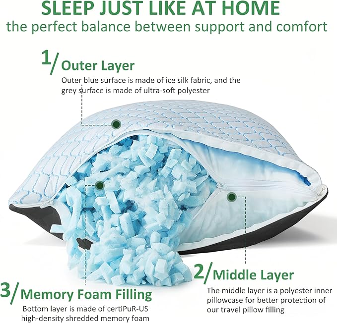 Gehannah Travel Pillow - Large 1 Pack Compressible Camping Pillow for Sleeping - Shredded Memory Foam with 1 Storage Bags - Supportive for Adults, Kids, Outdoor, Backpacking, Hiking Gear