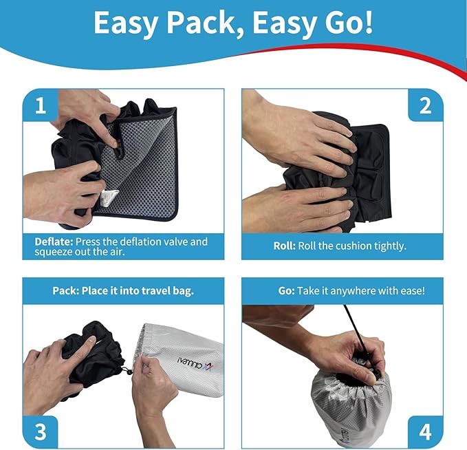 Inflatable Travel Seat Cushion with Built-in Pump & Carry Bag - Portable and Adjustable for use in Airplane, Car, Train, Truck, Office, Home - Coccyx, Sciatica, Tailbone Pain Relief (Black)