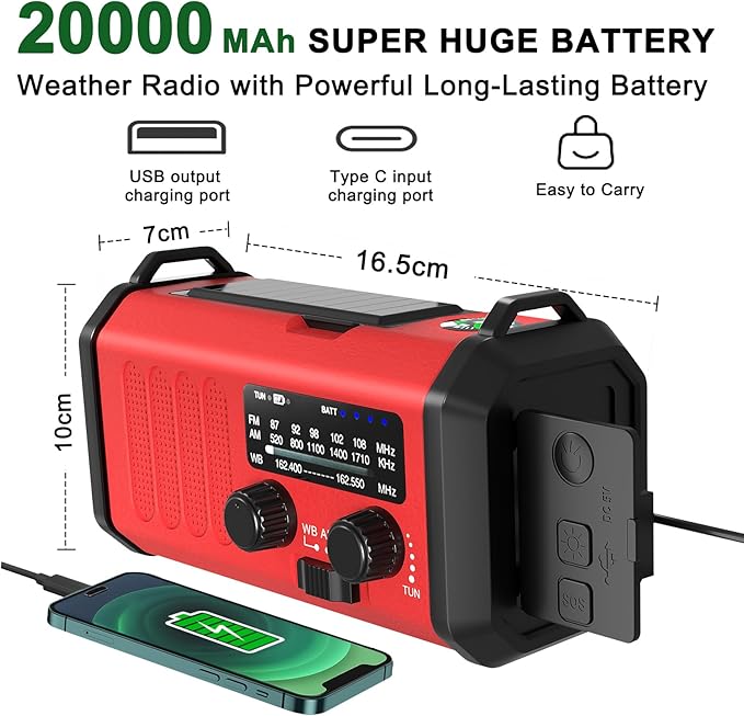 Emergency Radio NOAA Weather Radio Hand Crank & Solar Charging 20000mAh/74000mWh Rechargeable Battery Built-in Flashlight Reading Light & SOS AM/FM & Portable for Camping & Emergencies