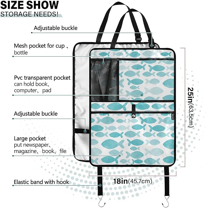 1 Pack Backseat Car Organizer with Storage Pockets Seat Back Organizers for Kids Kick Mats Backseat Protector Automotive Blue Fish