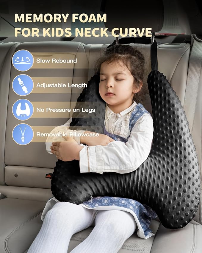 Memory Foam Kids Travel Pillow, Car Pillow for Kids, H-Shape Car Pillows for Sleeping, Removable Pillowcase, Adjustable, Velvet Dots, Black