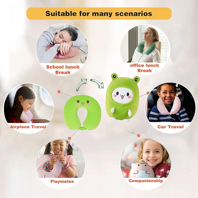 Kids Travel Pillow - 2-in-1 Deformable Kids Neck Pillow for Traveling, Soft U-Shaped Pillow with Adorable Animal Design, Comfy Sleep and Play, Ideal for Airplanes and Traveling (Green Frog)